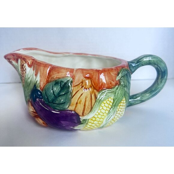 Ceramic Harvest-Themed Gravy Boat With Handle & Matching Spoon Hand-Painted - Picture 3 of 14